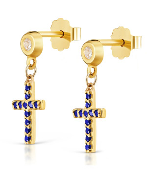 Gold cross blue earrings 14k