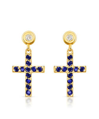 Gold cross blue earrings 14k