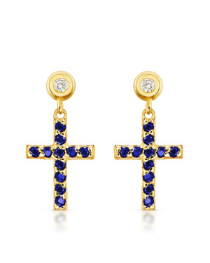 Gold cross blue earrings 14k