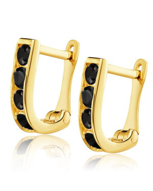 Gold rectangular earrings black zirconia 14k