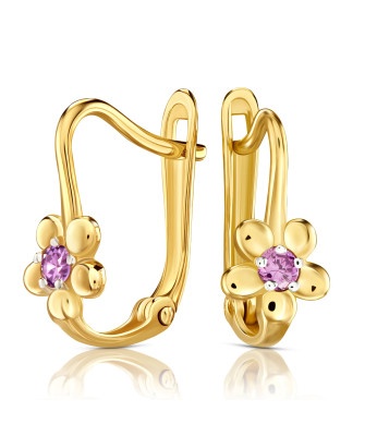 Flower earrings for communion purple stone gold 8k