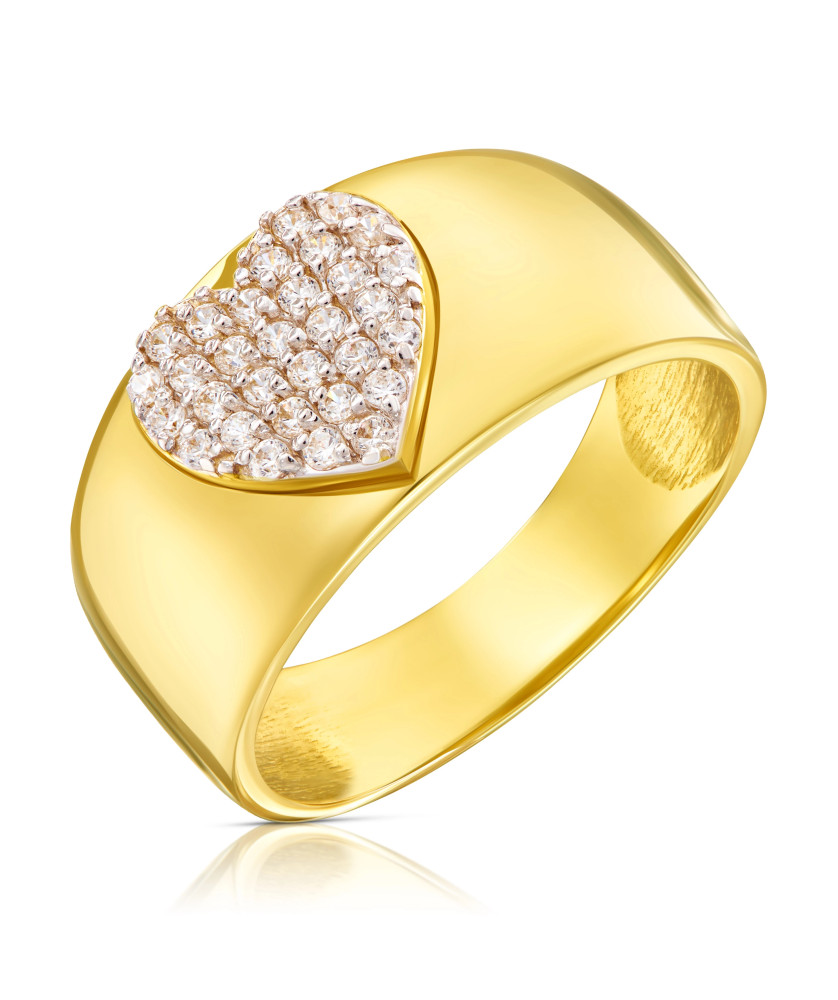 Wide gold ring large heart with cubic zirconia