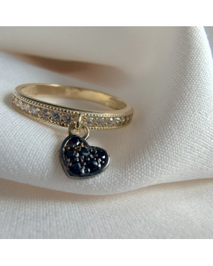 Ring with dangling heart 8k black stones