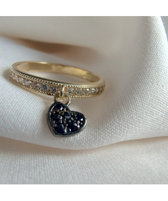 Ring with hanging heart 14k black stones