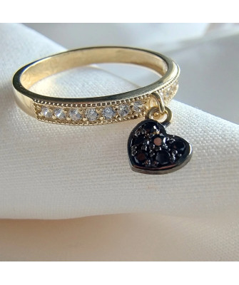 Ring with hanging heart 14k black stones