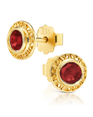 14k openwork gold earrings with a red stone