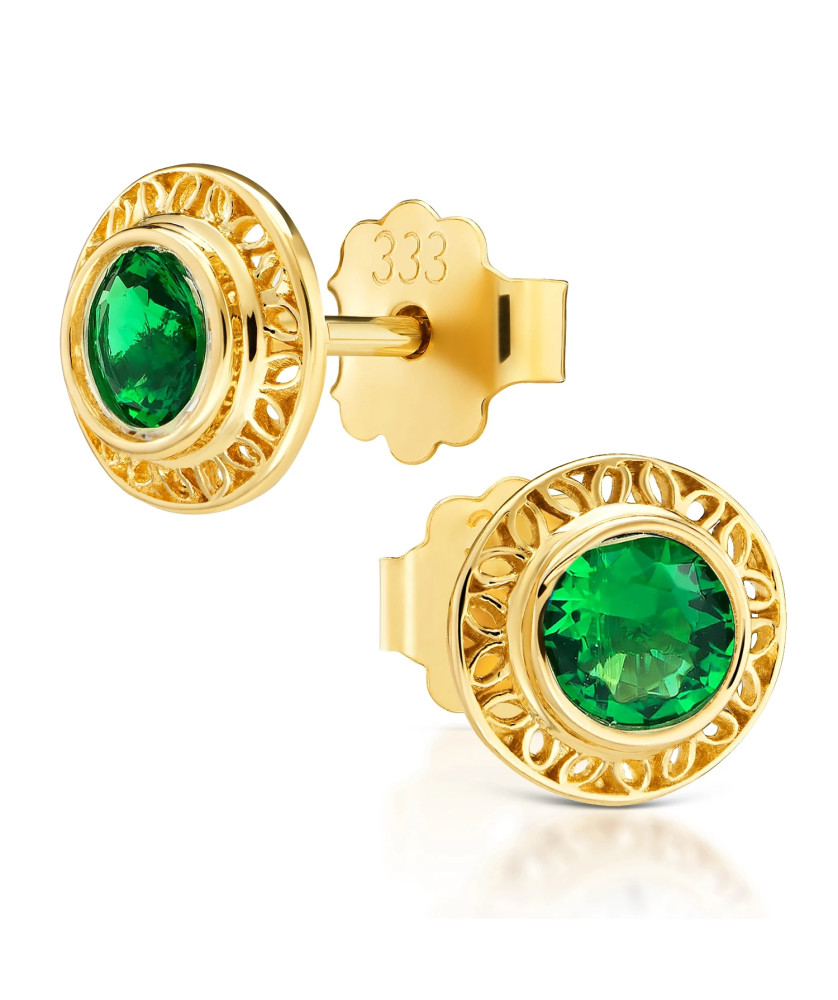 Gold filigree earrings with green stone 14k