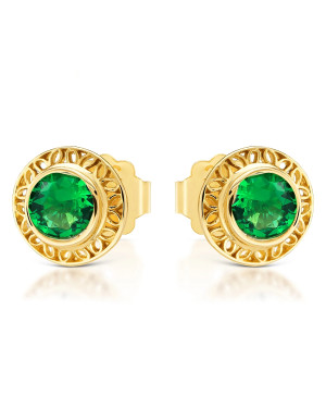 Gold filigree earrings with green stone 14k
