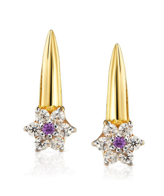 Gold earrings with flowers purple zirconia 14k