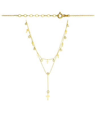 Celebrity necklace crosses on a double chain with zircons in a circle