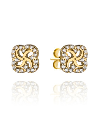 Gold earrings flower and around zirconia
