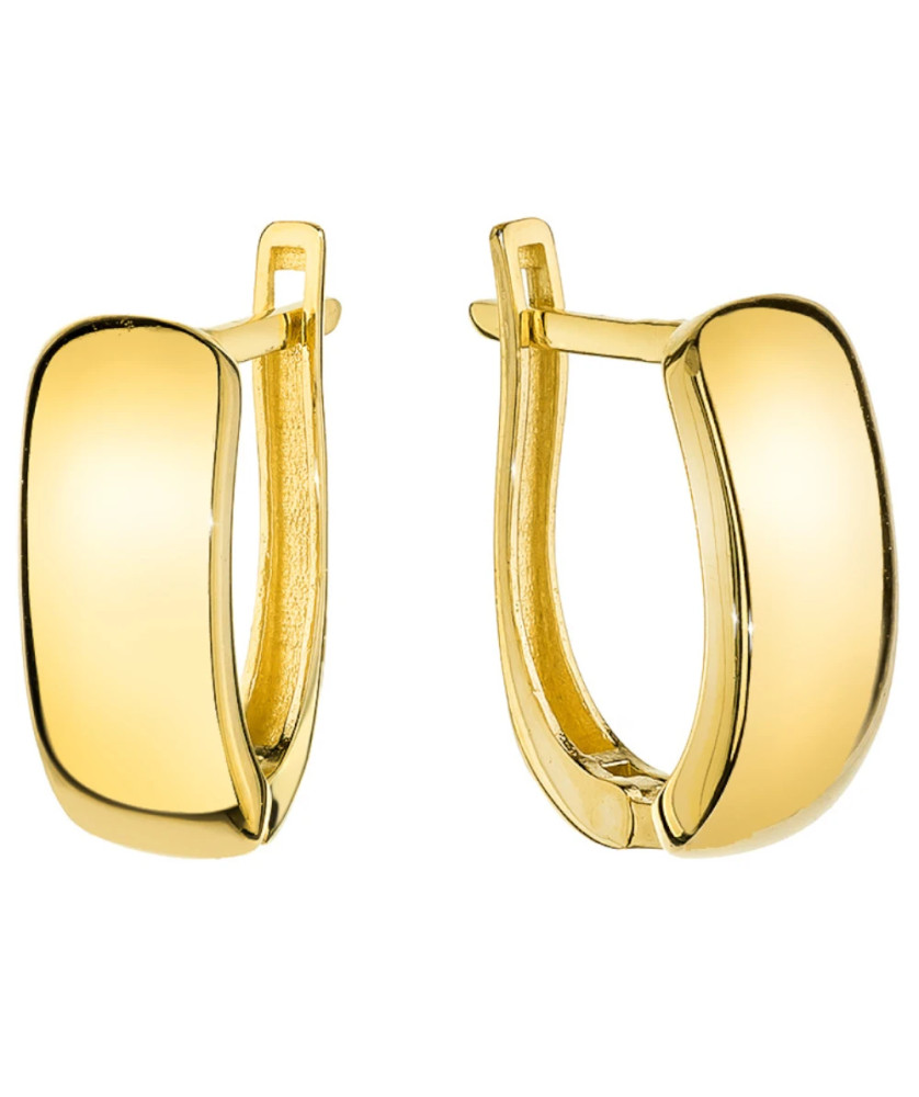 Gold flat earrings in a rounded rectangle shape