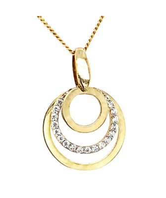 Gold pendant three gold circles and with zircons