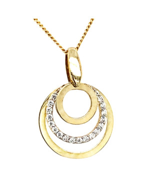 Gold pendant three gold circles and with zircons