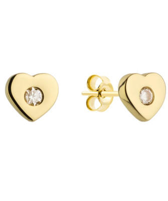 Gold heart earrings with a zircon in the center