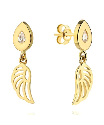 Gold earrings with a wing pendant on a teardrop with zirconia