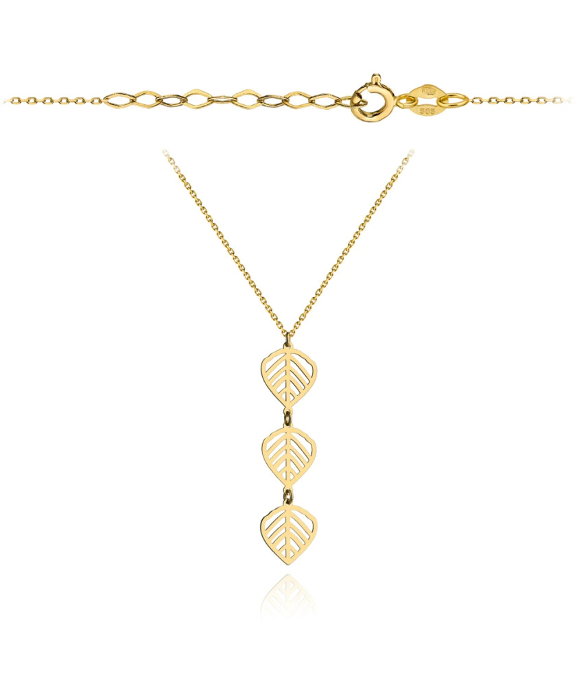 Necklace with three hanging gold leaves