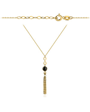 Necklace with infinity symbol, black stone, and chains