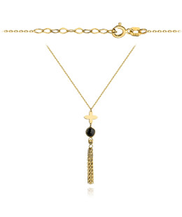 Necklace with a golden flower, black stone, and chains