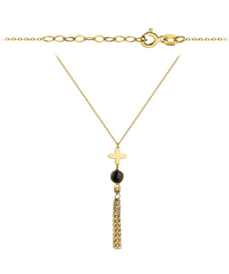 Necklace with a golden flower, black stone, and chains