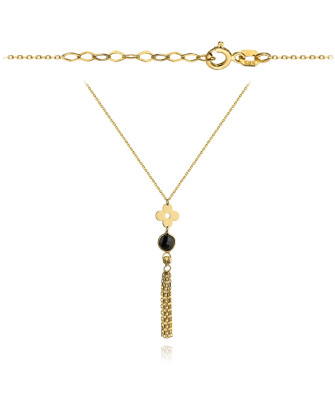 Necklace with a full flower, black stone, and chains