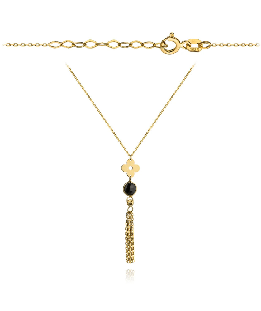 Necklace with a full flower, black stone, and chains