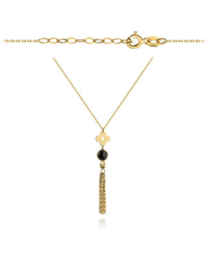 Necklace with a full flower, black stone, and chains