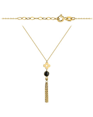 Necklace with a full flower, black stone, and chains