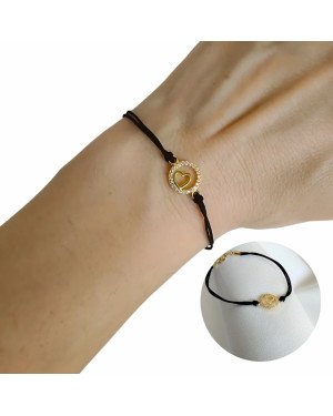Gold-plated bracelet Black cord HEART in CIRCLE