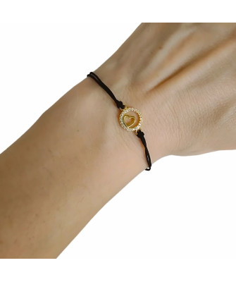 Gold-plated bracelet Black cord HEART in CIRCLE