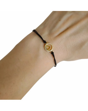 Gold-plated bracelet Black cord HEART in CIRCLE