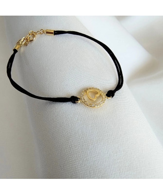 Gold-plated bracelet Black cord HEART in CIRCLE