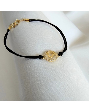 Gold-plated bracelet Black cord HEART in CIRCLE
