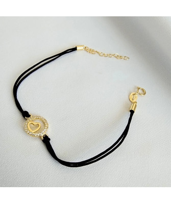 Gold-plated bracelet Black cord HEART in CIRCLE