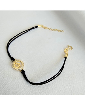 Gold-plated bracelet Black cord HEART in CIRCLE