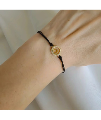 Gold-plated bracelet Black cord HEART in CIRCLE