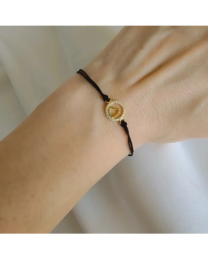 Gold-plated bracelet Black cord HEART in CIRCLE
