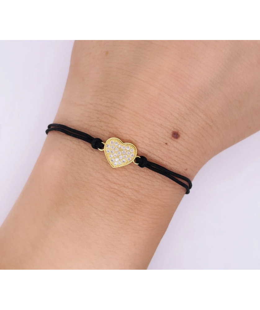 Gold-plated bracelet Black string HEART zirconia