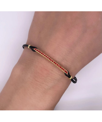 Gold-plated bracelet Black cord red stones
