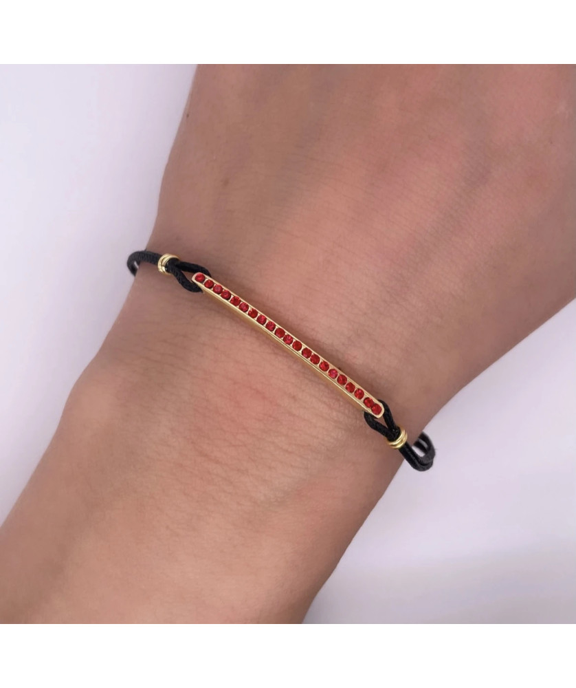 Gold-plated bracelet Black cord red stones