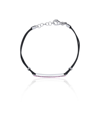 Silver bracelet Black cord pink stones
