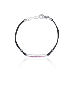 Silver bracelet Black cord pink stones