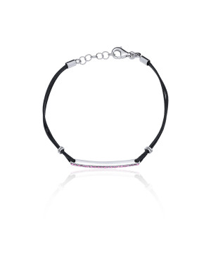 Silver bracelet Black cord pink stones