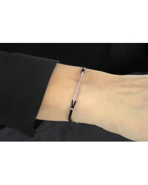 Silver bracelet Black cord pink stones