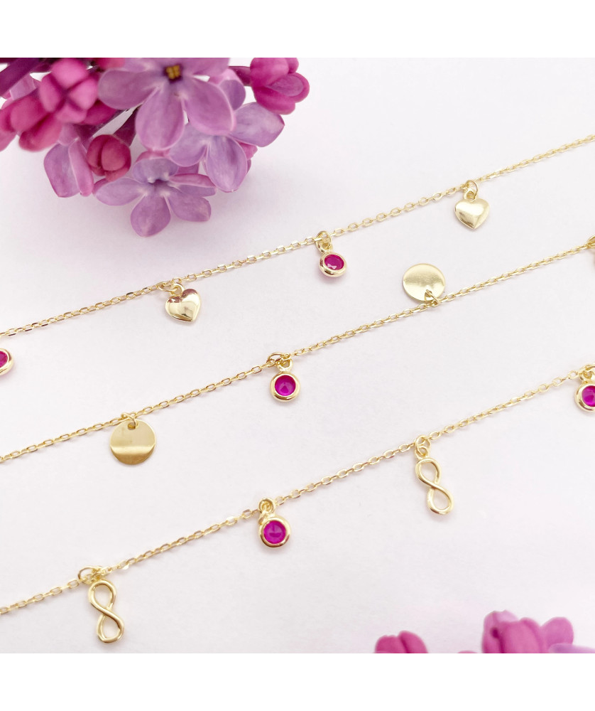 Gold-plated anklet HEART ruby stones