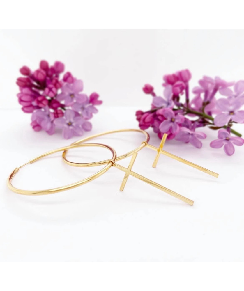 Gold Plated Silver Hoop Earrings with Cross