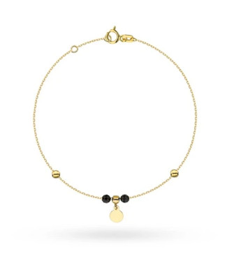 Gold bracelet with full circle and gold and black beads pendant