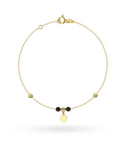 Gold bracelet with full circle and gold and black beads pendant