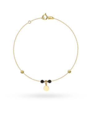 Gold bracelet with full circle and gold and black beads pendant