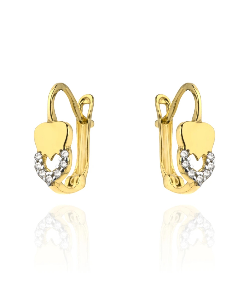 Gold earrings melting heart and zirconia